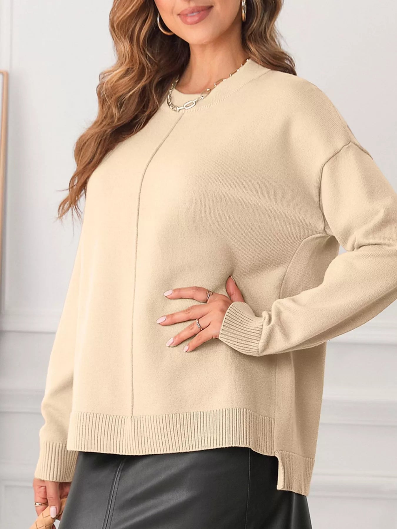 Front Center Seam Drop Shoulder Solid Sweater 