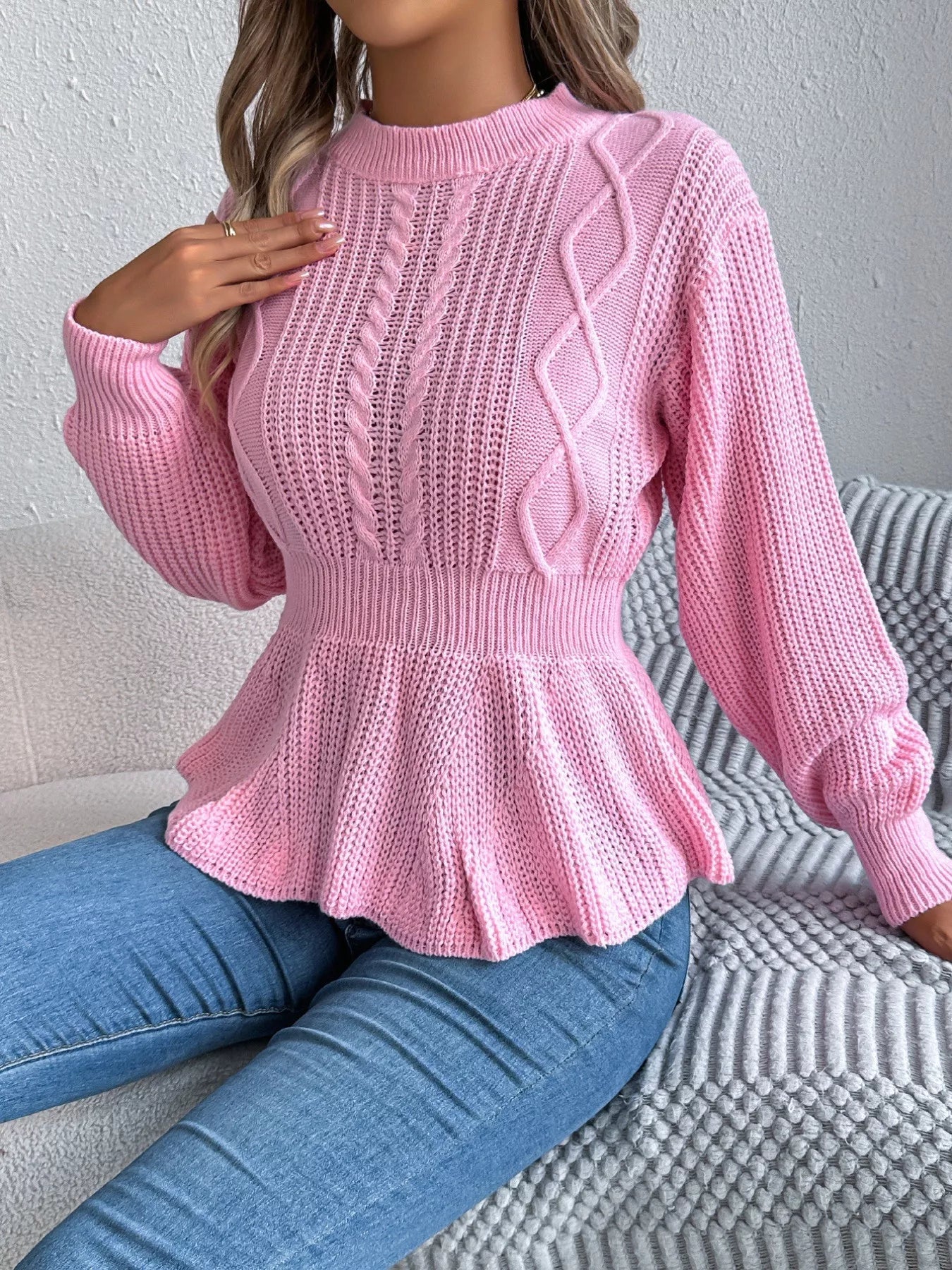 Cable Knit Round Neck Peplum Sweater 