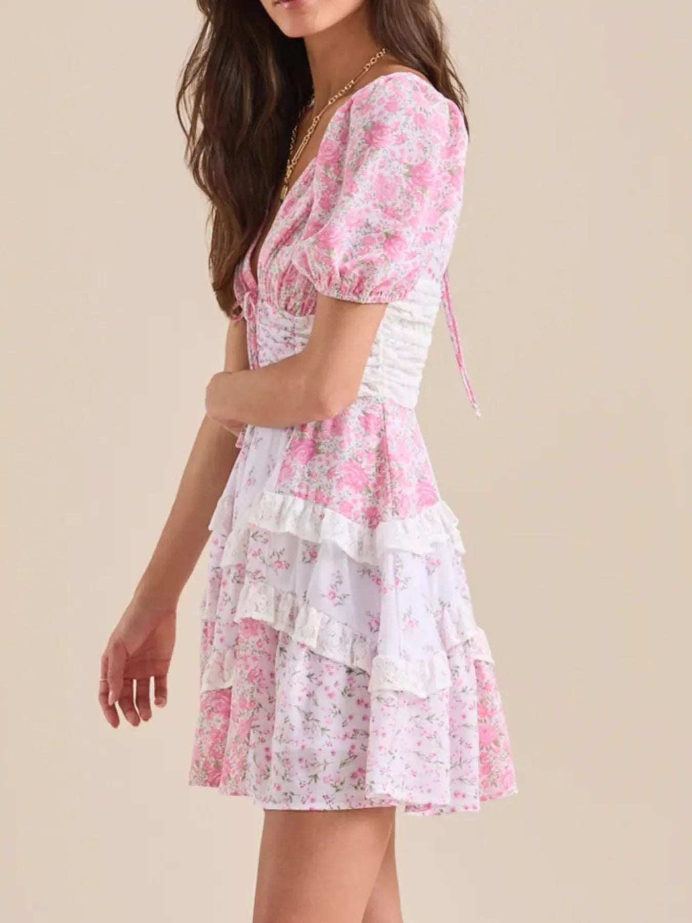 Floral Puff Sleeve Tiered Mini Dress 