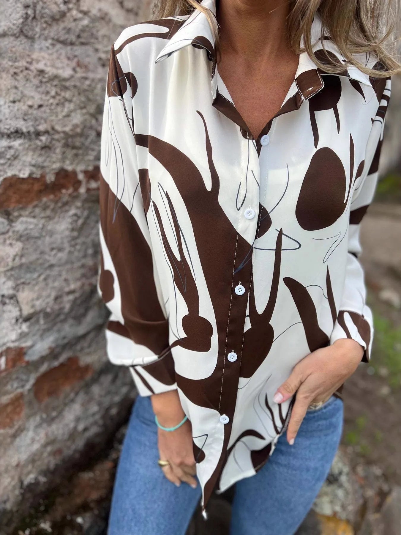 Full Size Abstract Print Long Sleeve Button-Up Shirt Plus Size 
