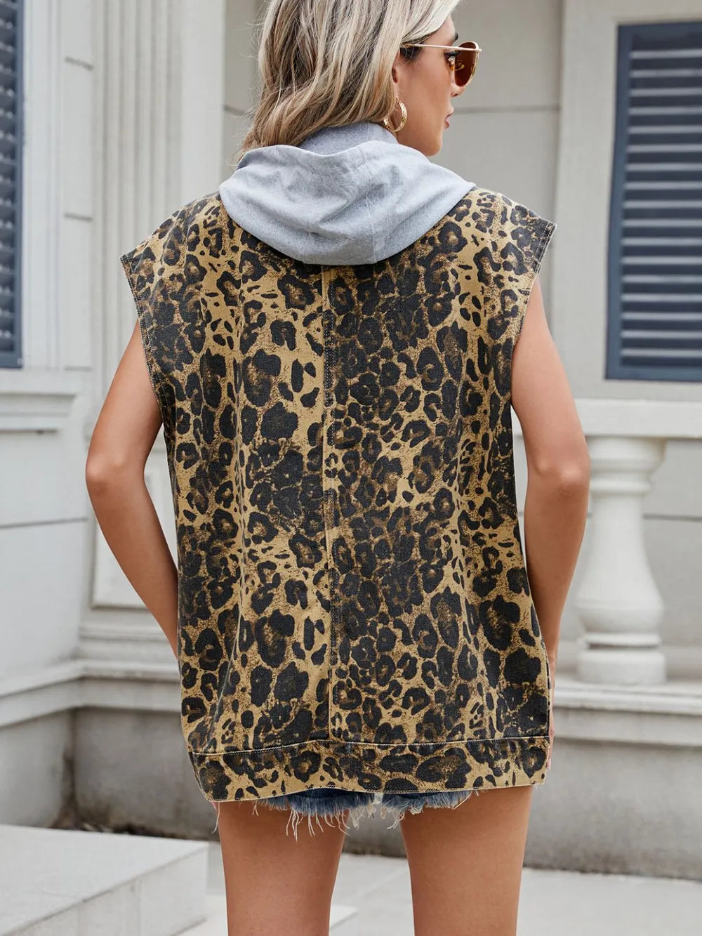 Leopard Buttton Up Denim Vest 