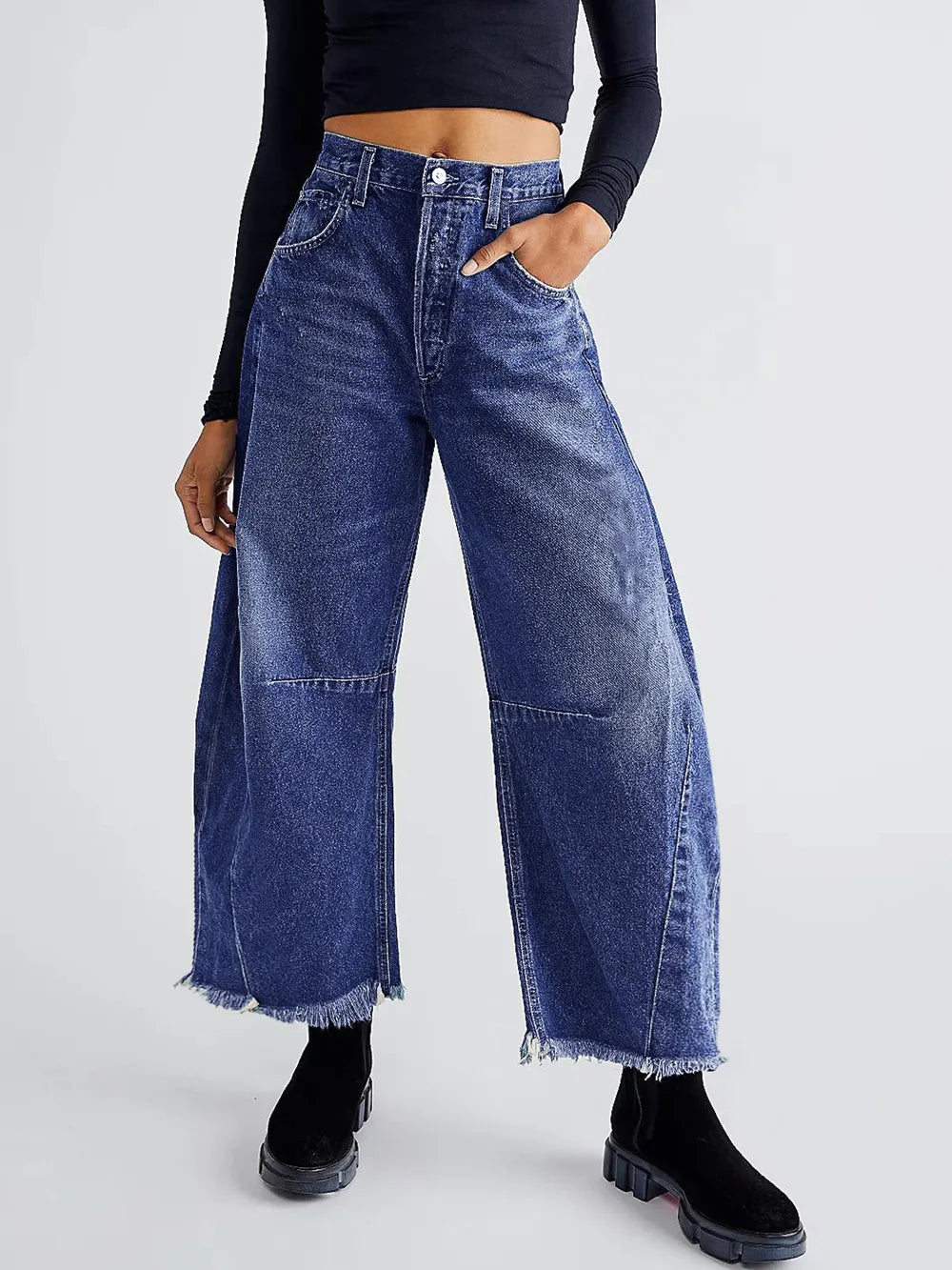 Raw Hem Wide Leg Jeans with Pockets 