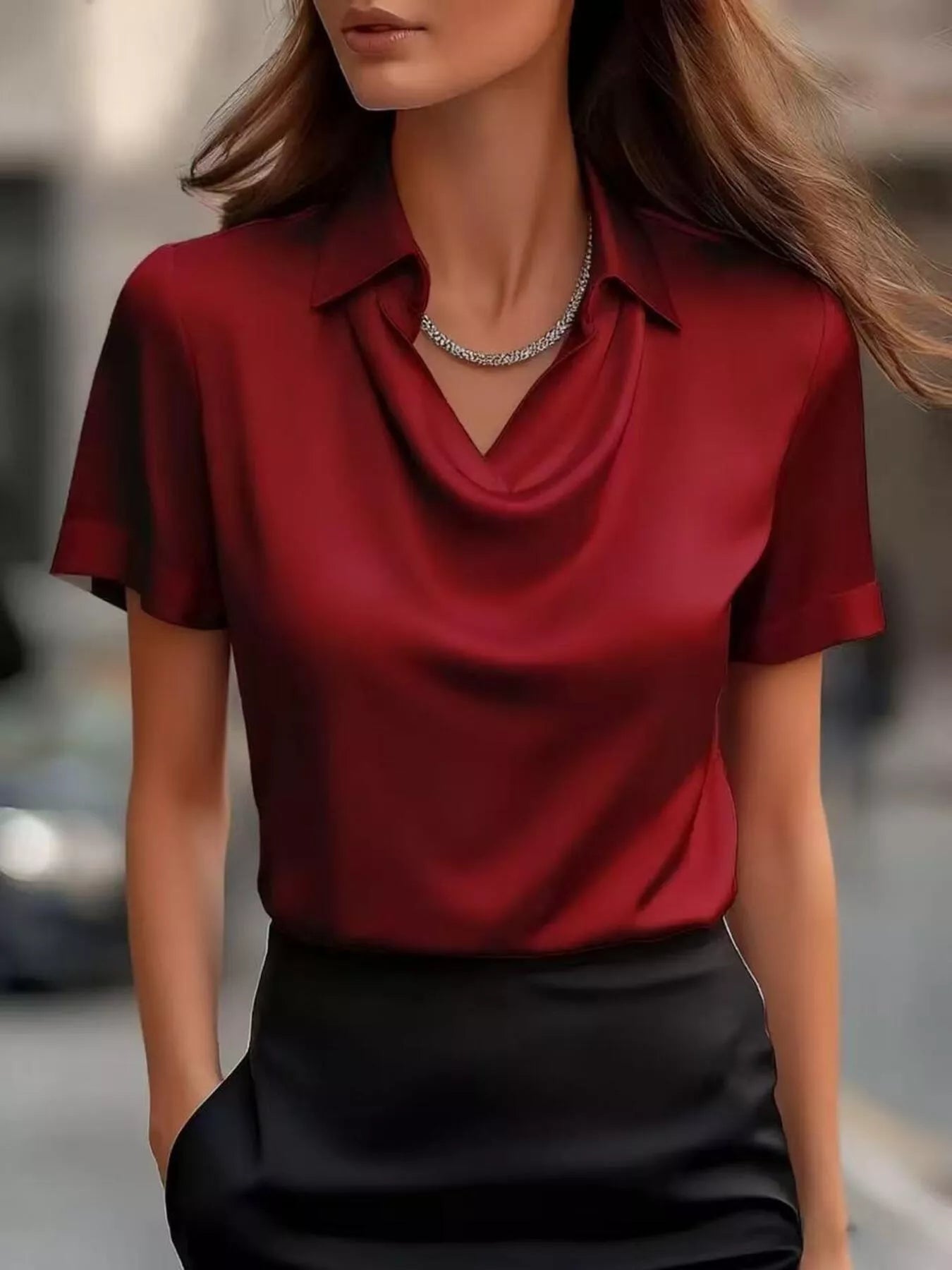 Full Size Cowl Neck Short Sleeve Satin Blouse Plus Size 