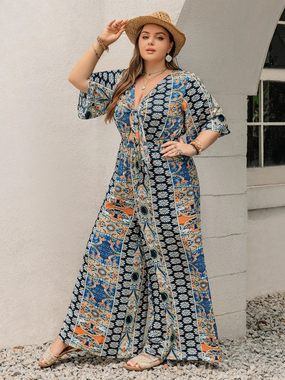Plus Size Printed Half Sleeve Wide Leg Jumpsuit 