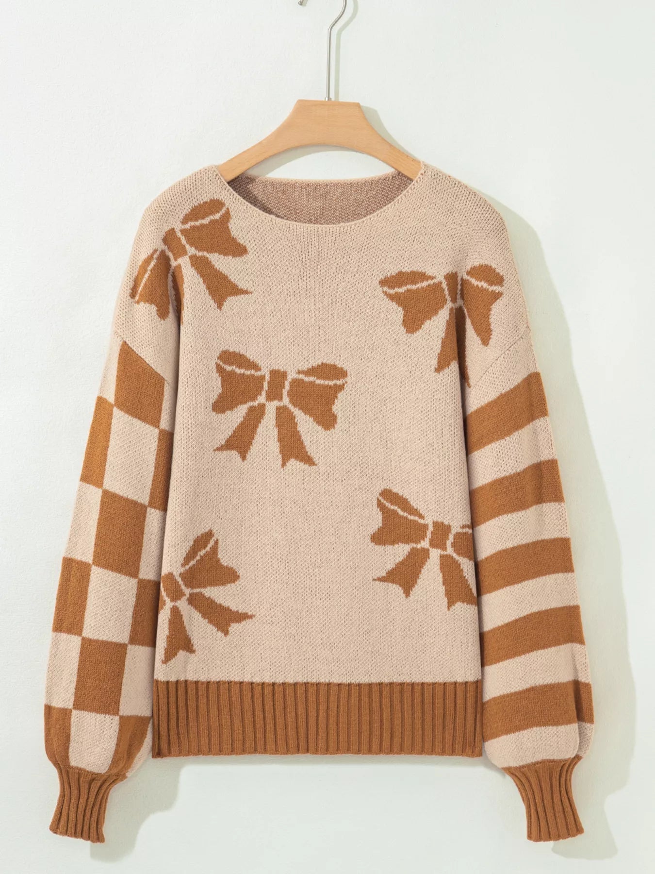 Ribbon Bow Checkered Striped Sleeve Drop Shoulder Sweater 