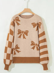 Ribbon Bow Checkered Striped Sleeve Drop Shoulder Sweater 