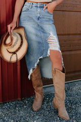 Distressed Asymmetrical Denim Skirt with Frayed Hem 