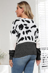 Plus Size Leopard Round Neck Long Sleeve Sweater 