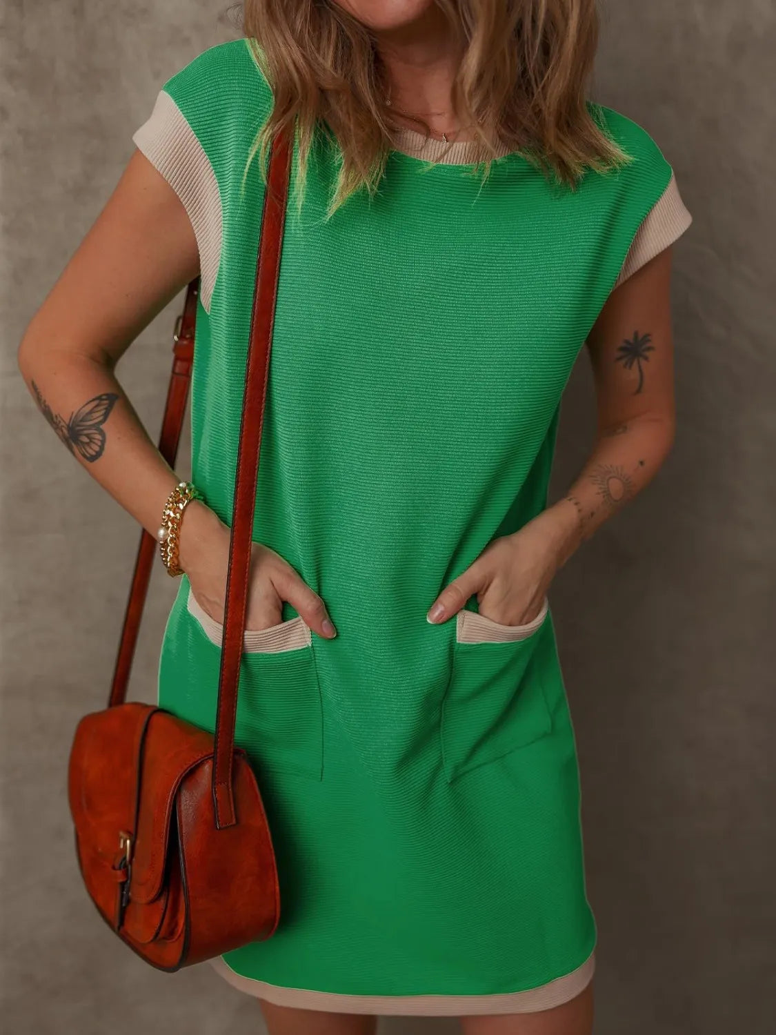 Round Neck Cap Sleeve Mini Dress 