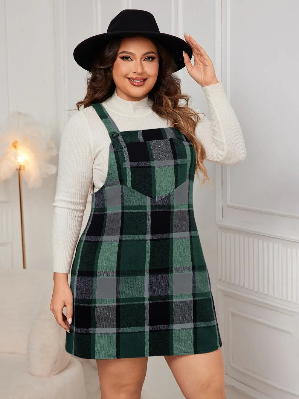 Honey Plus Size Plaid Wide Strap Overall Dress 