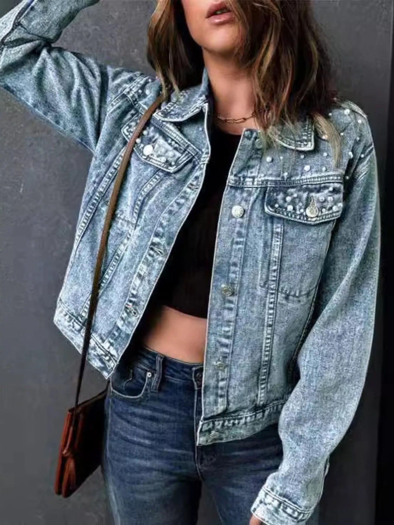 Full Size Pearl Detail Button Up Long Sleeve Denim Jacket Plus Size 