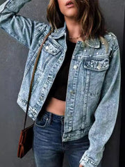 Full Size Pearl Detail Button Up Long Sleeve Denim Jacket Plus Size 