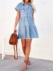 Raw Hem Short Sleeve Denim Dress 