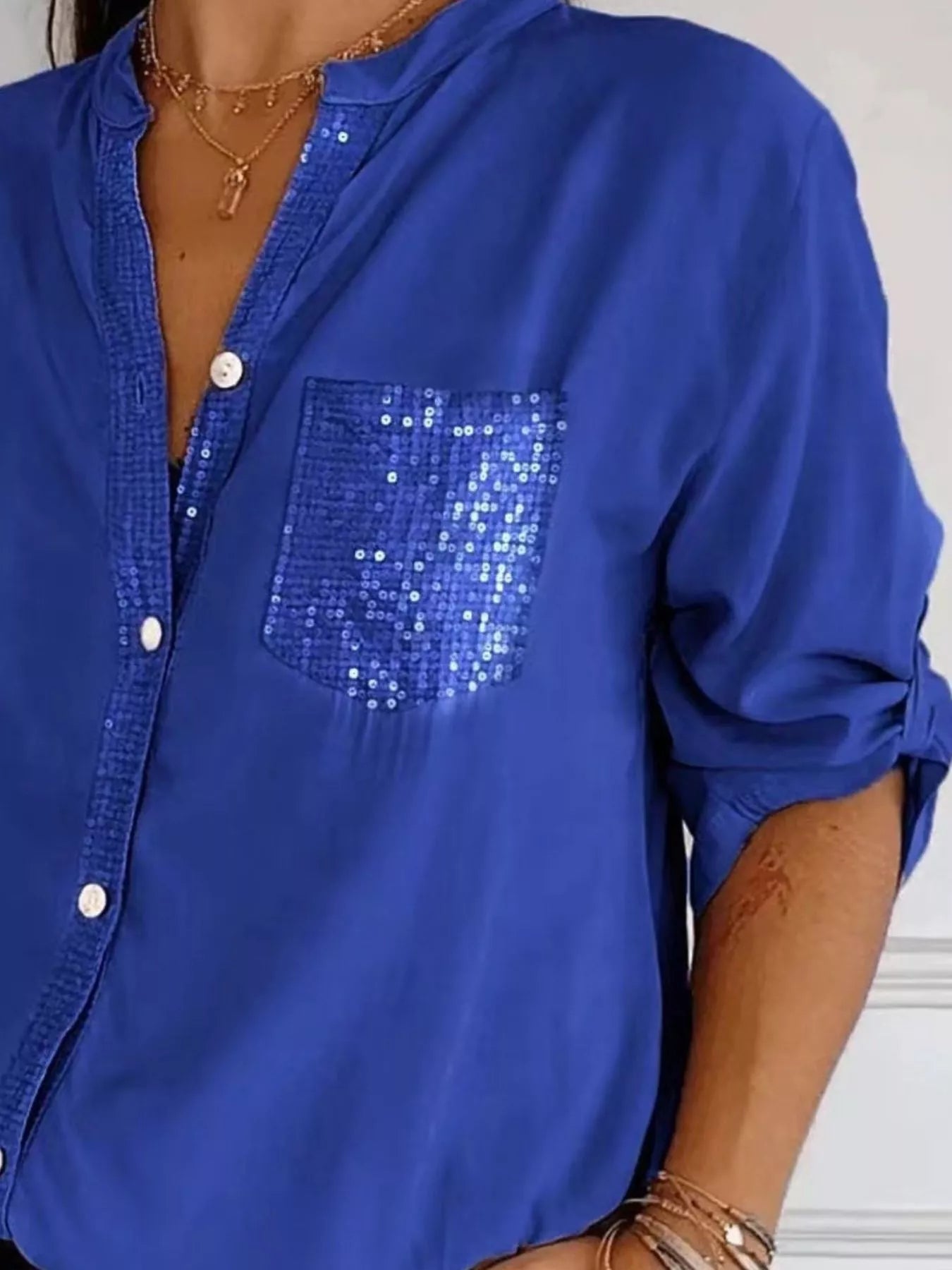 Full Size Sequin Detail Button-Down Shirt Plus Size 