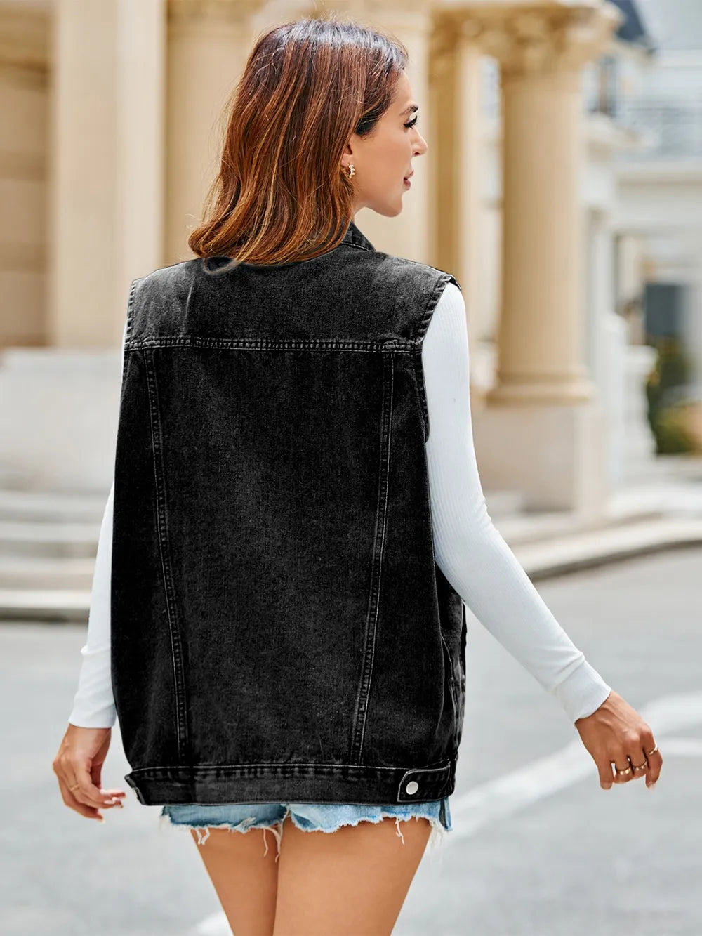 Pocketed Button Up Sleeveless Denim Jacket 