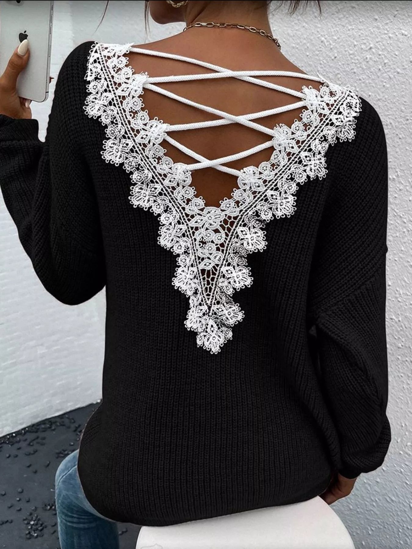 Lace-Trimmed Back V-Neck Sweater 