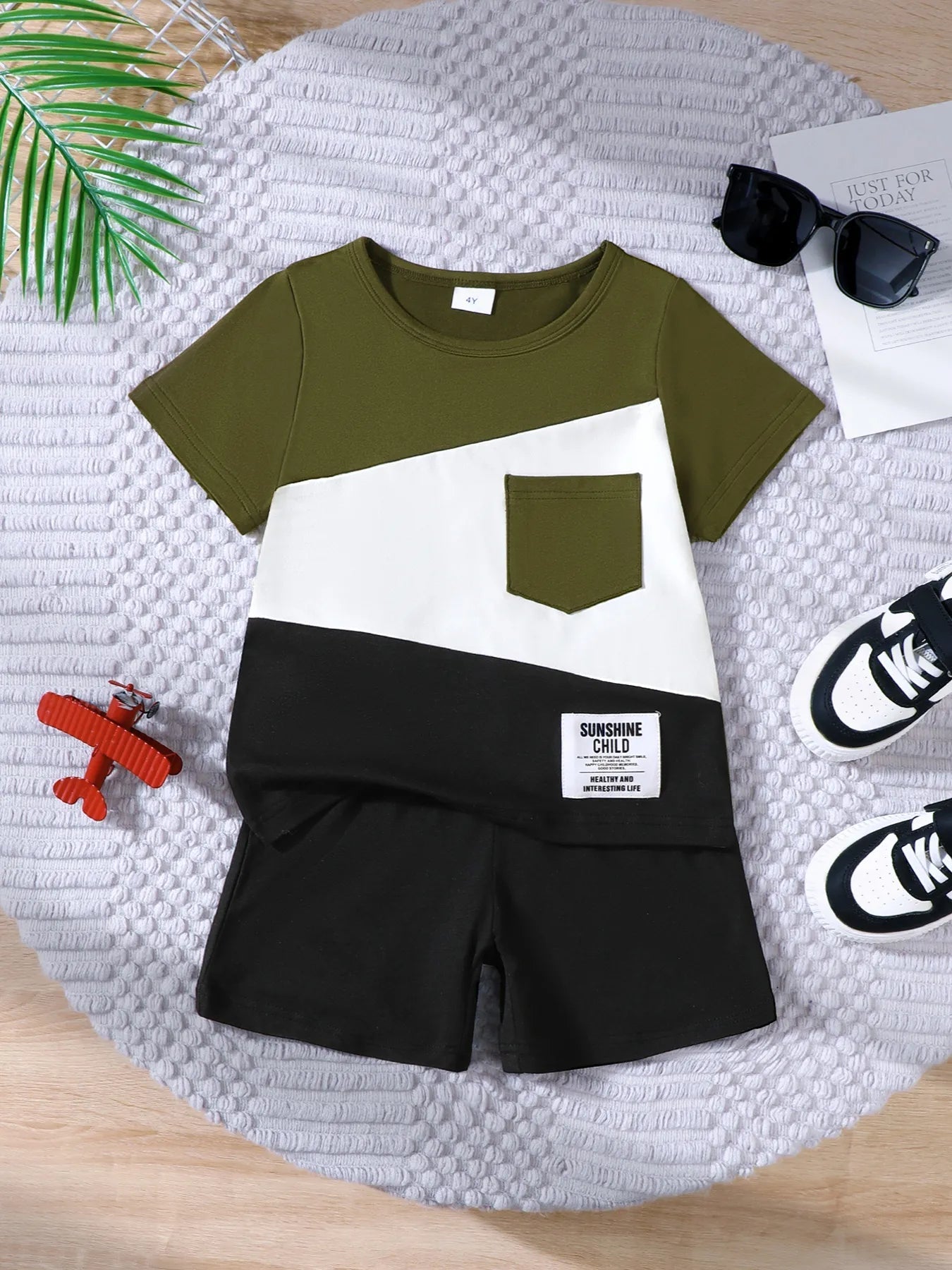 Children's Color Block Short Sleeve Top and Shorts Set 