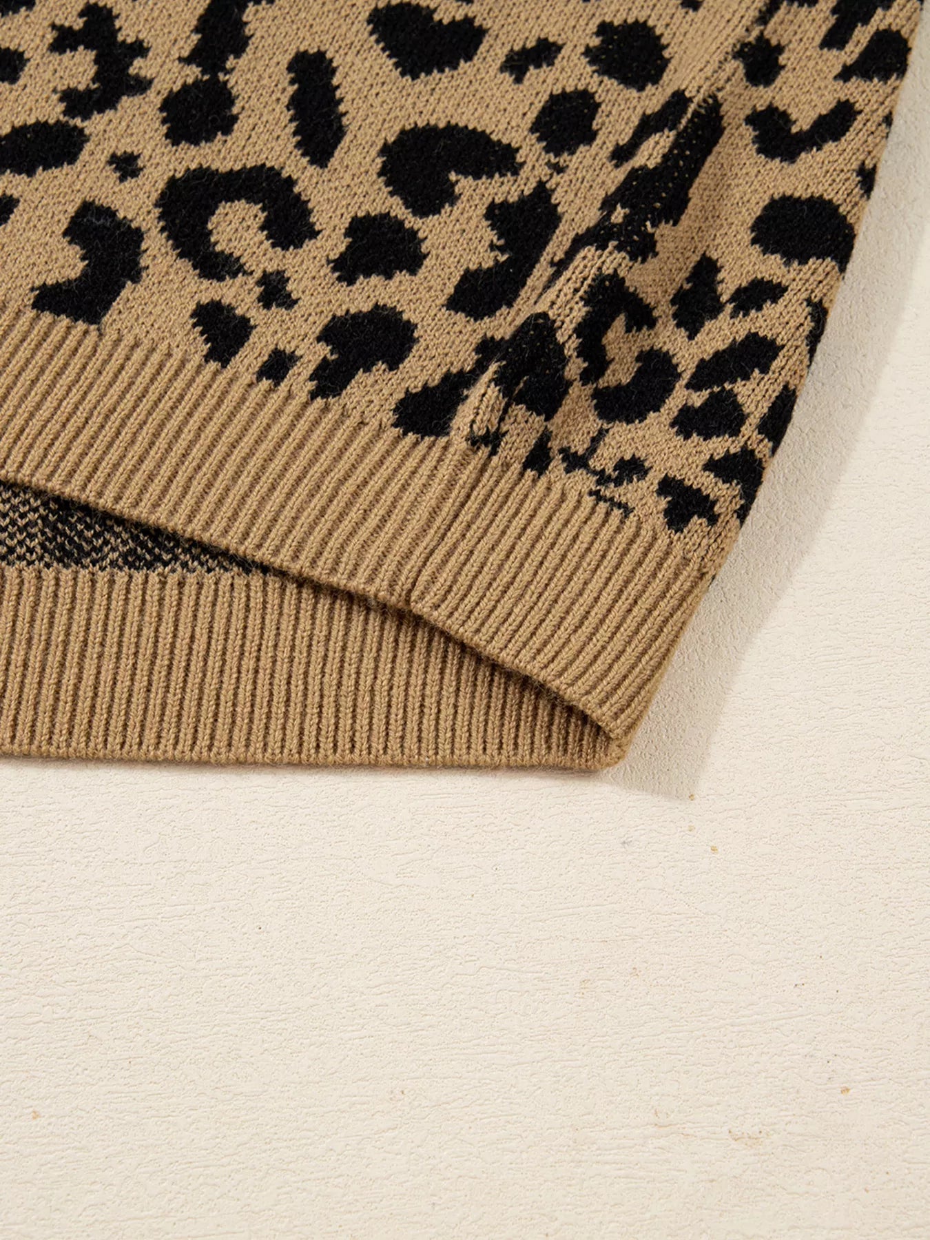 Ribbed Trim Round Neck Leopard Drop Shoulder Sweater 