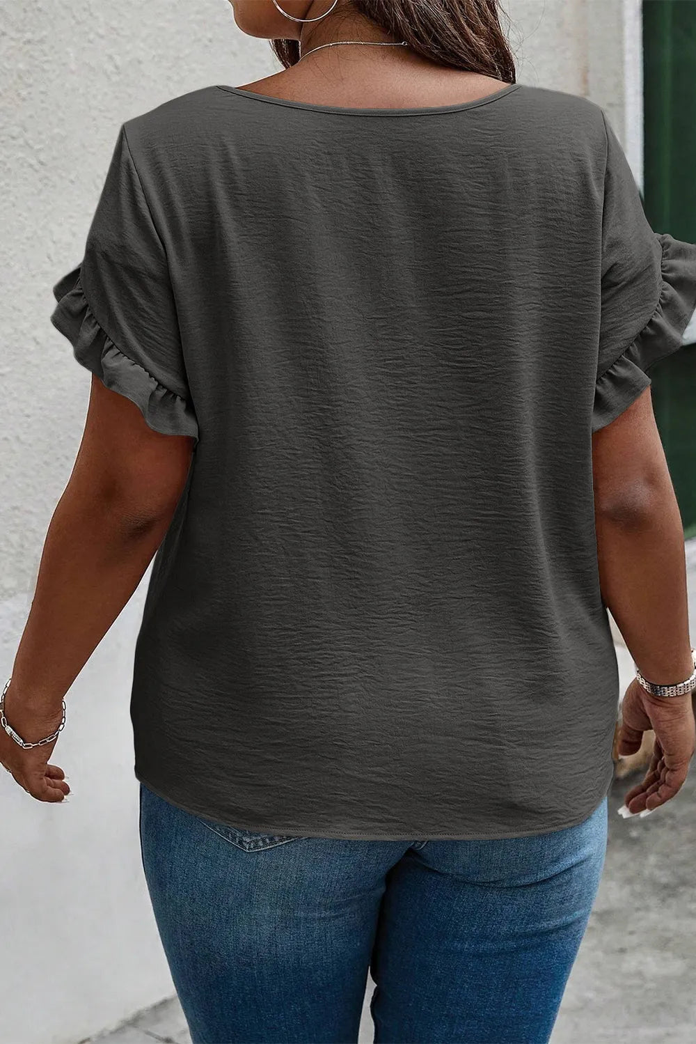 Plus Size Ruffled Round Neck Short Sleeve Blouse 