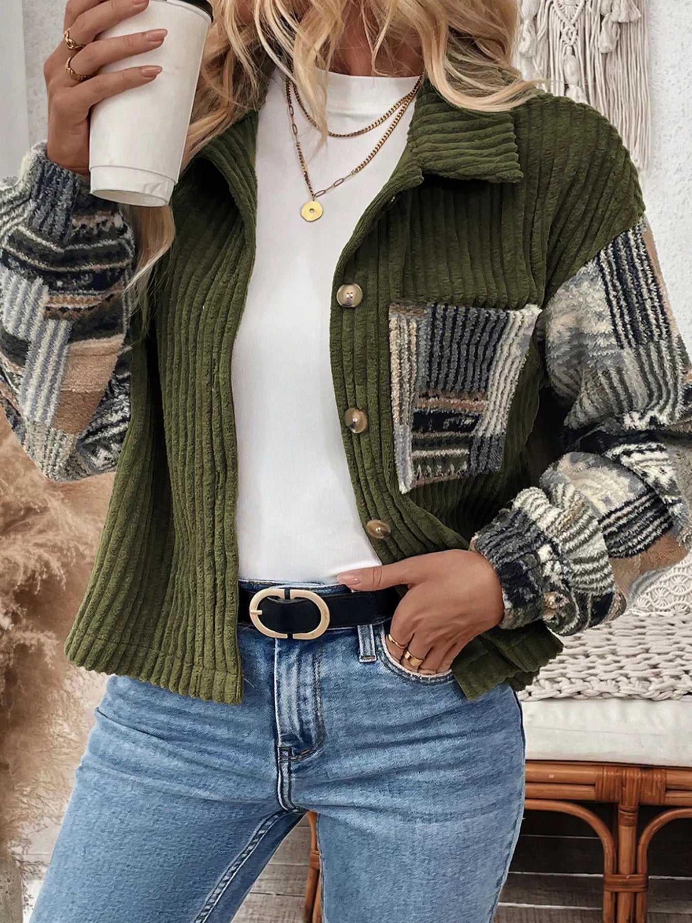 Ribbed Fleece Plaid Print Patchwork Button Up Jacket 