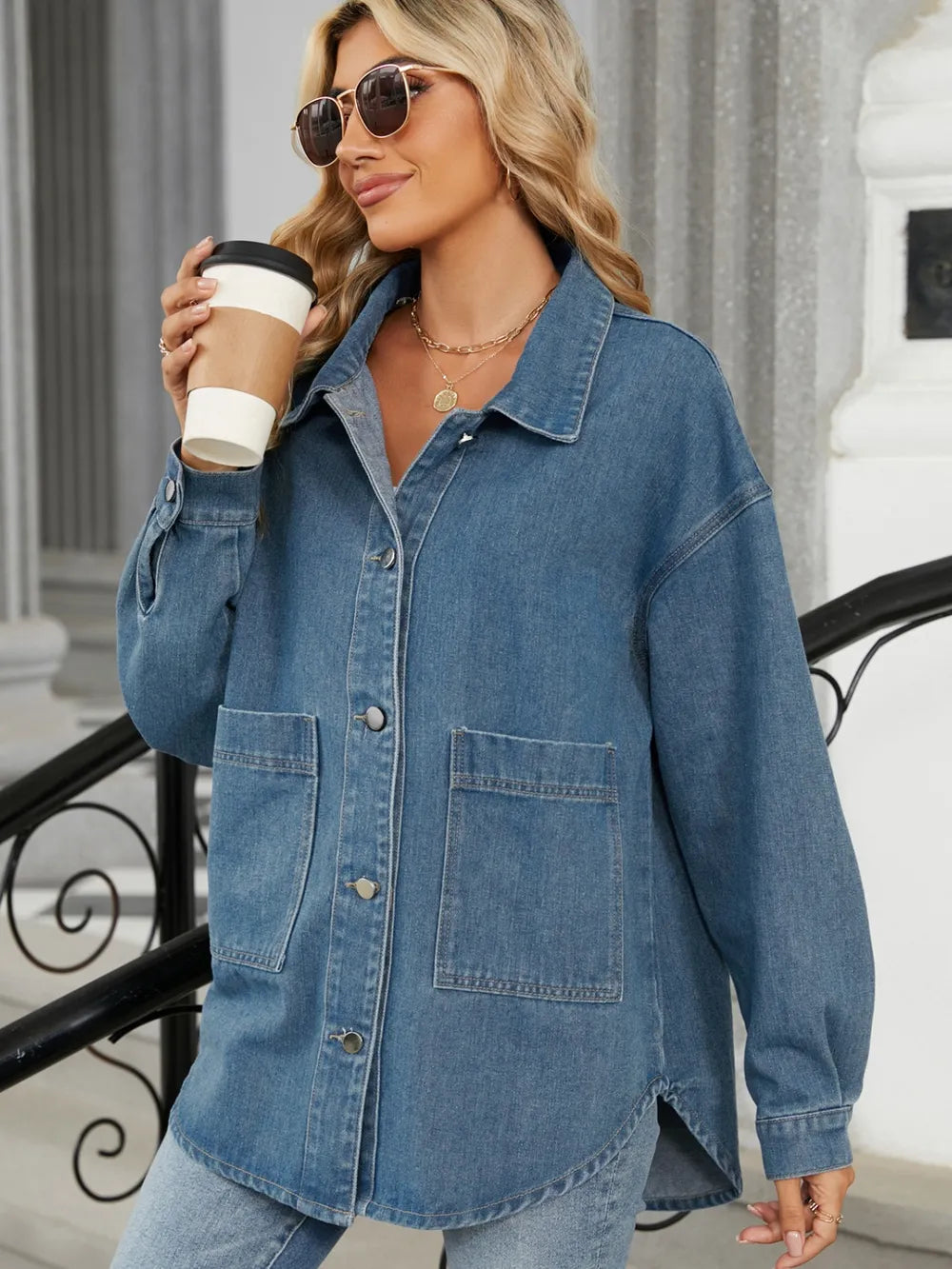 Removable Hood Button Up Long Sleeve Denim Jacket 