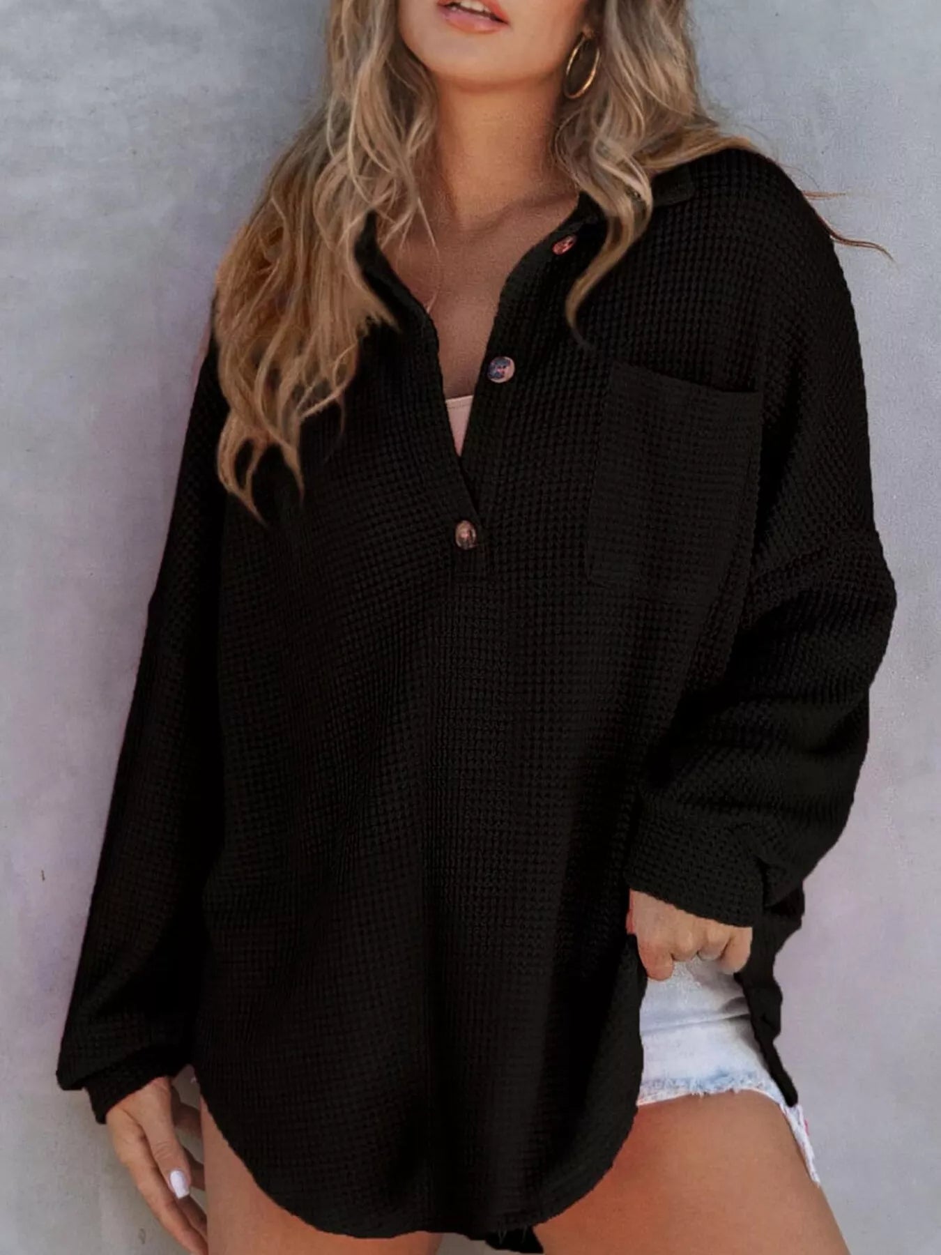 Casual Waffle Knit Button Detail Blouse 