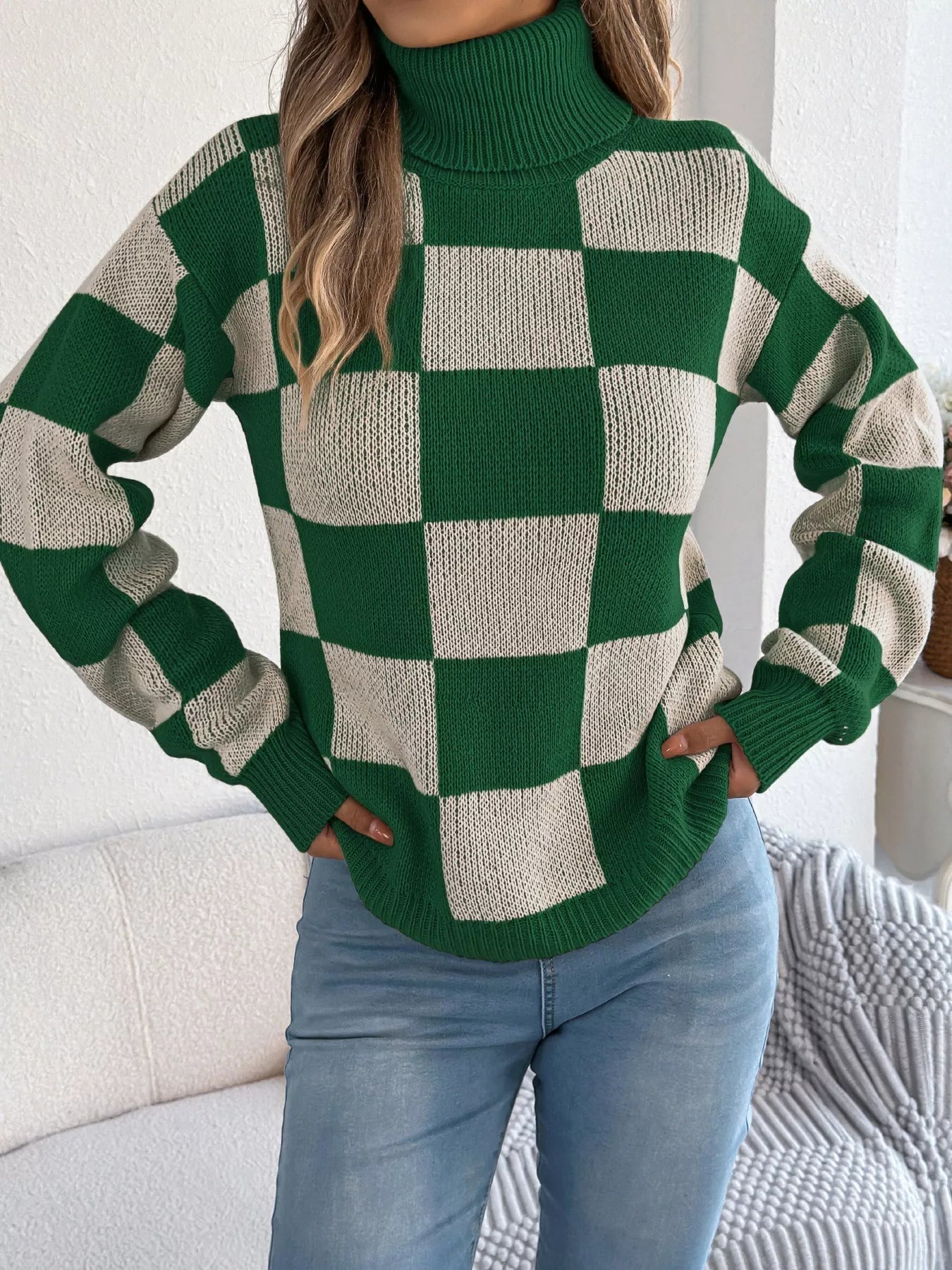 Checkered Turtleneck Long Sleeve Sweater 