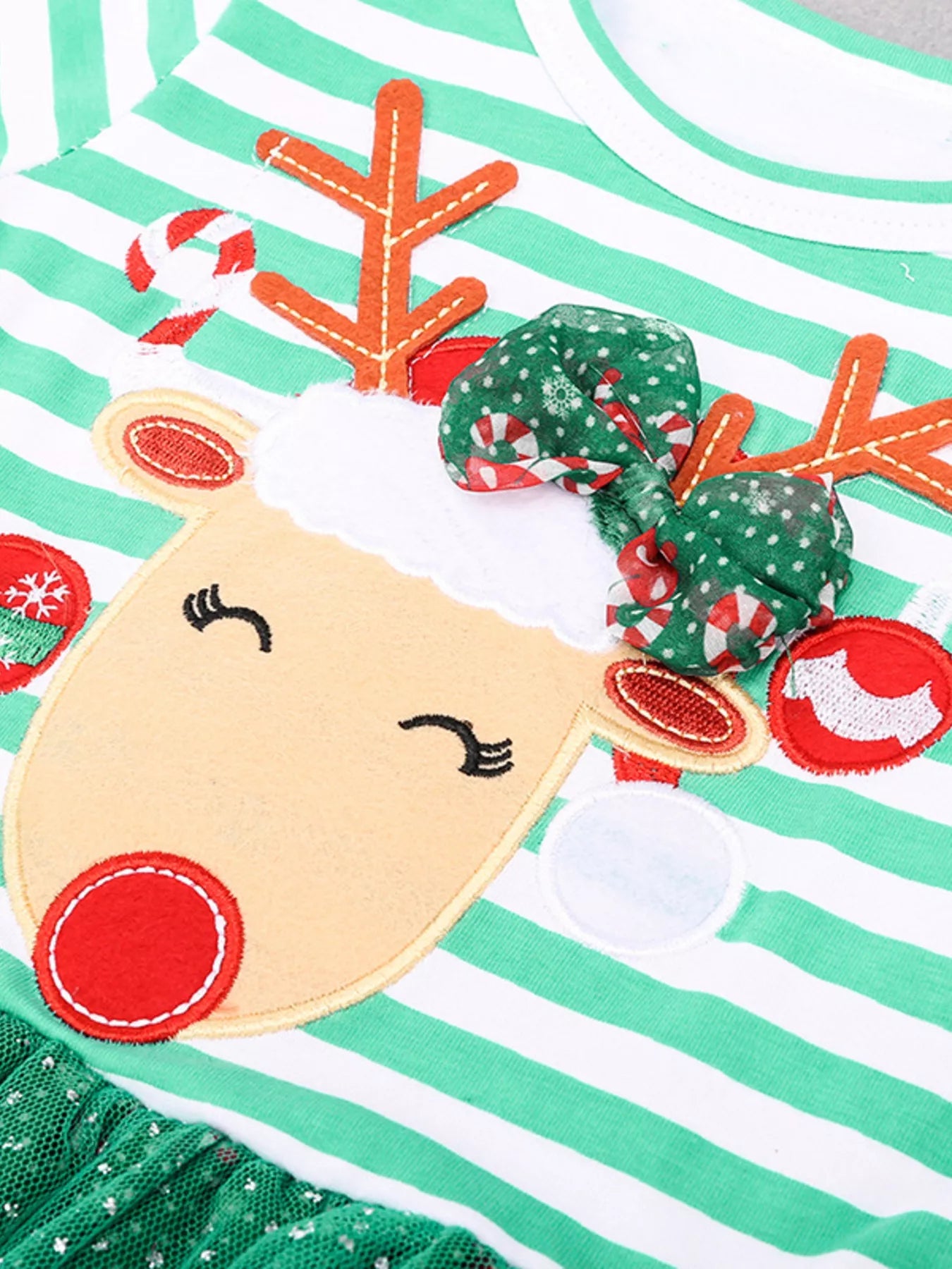 Children's Christmas Reindeer Applique Striped Long Sleeve Dress 