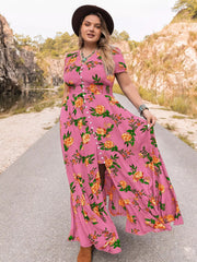 Plus Size Floral V-Neck Short Sleeve Maxi Dress 