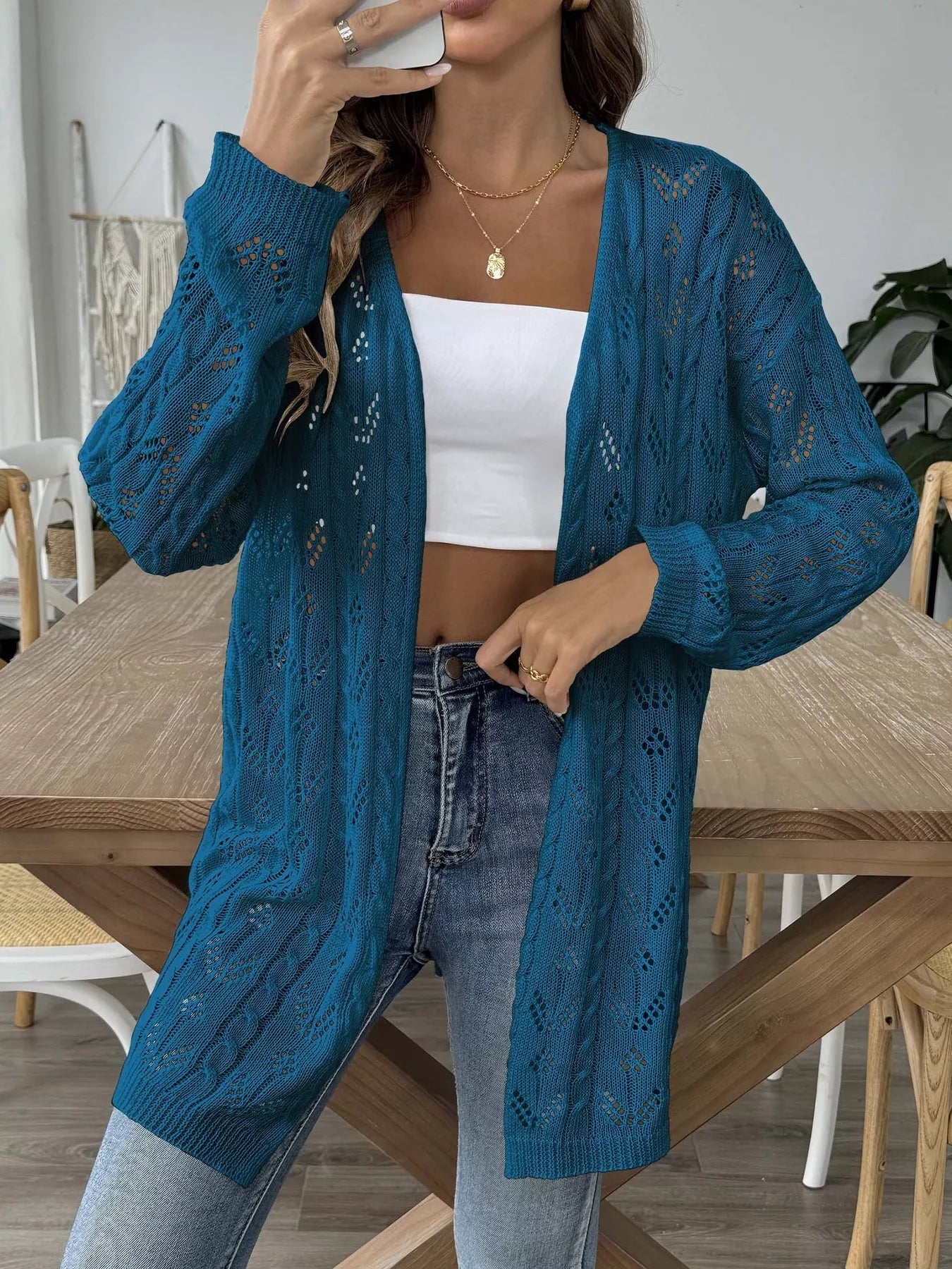 Openwork Open Front Knit Cardigan 