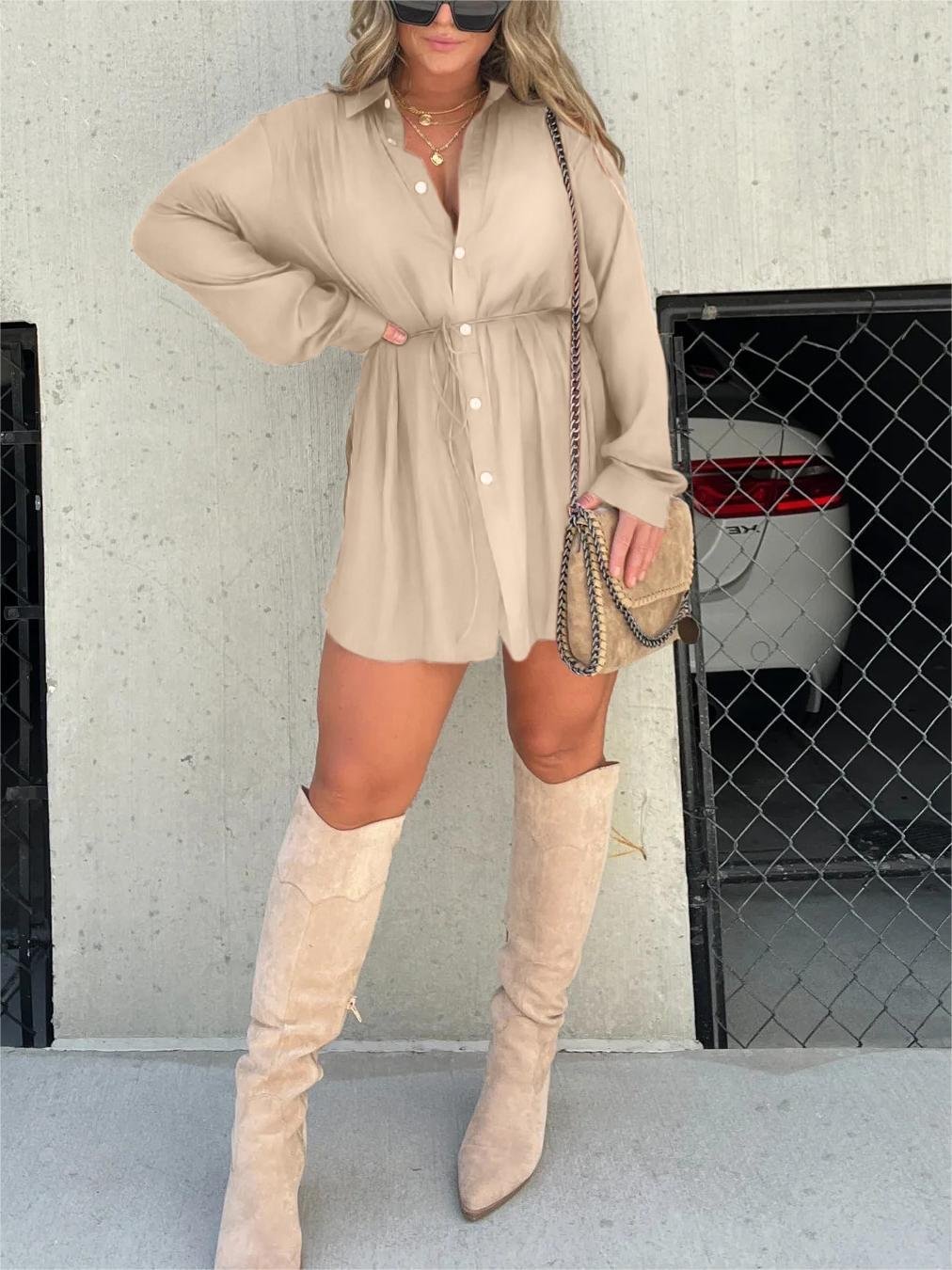 Edena Solid Color Long Sleeve Shirt Suit | Slim Fit Women's Clothing Set 