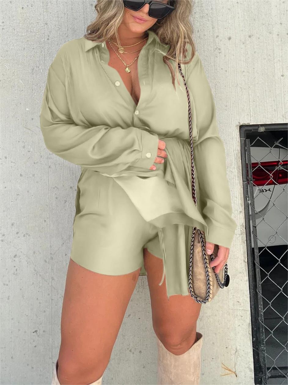Edena Solid Color Long Sleeve Shirt Suit | Slim Fit Women's Clothing Set 