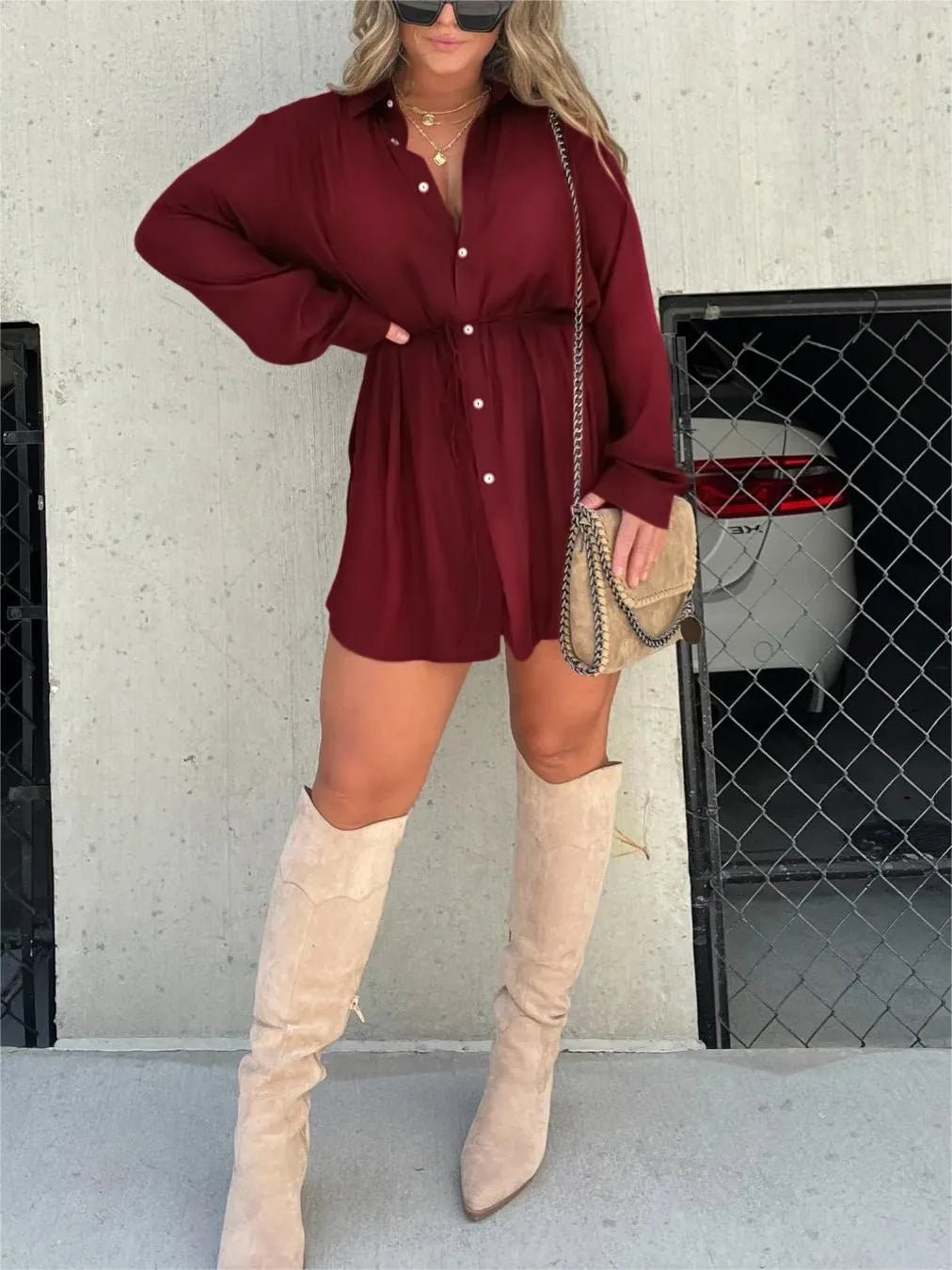 Edena Solid Color Long Sleeve Shirt Suit | Slim Fit Women's Clothing Set 