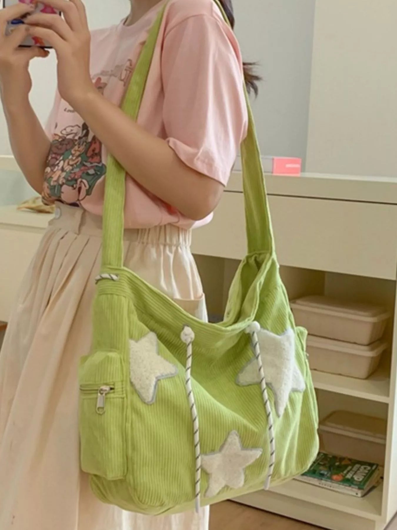 Corduroy Star Applique Casual Crossbody Bag 