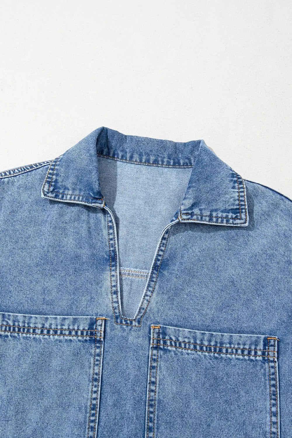 Short Sleeve Collared Patched Pocket Denim Mini Dress 
