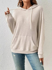 Casual Ribbed Knit Drawstring Hoodie 