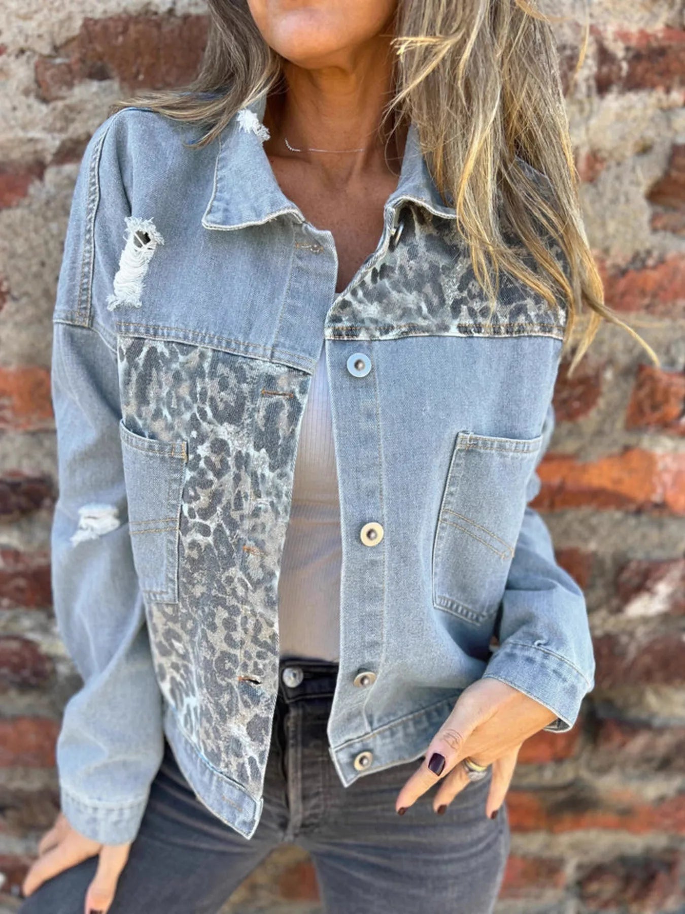 Full Size Leopard Button Up Denim Jacket Plus Size 