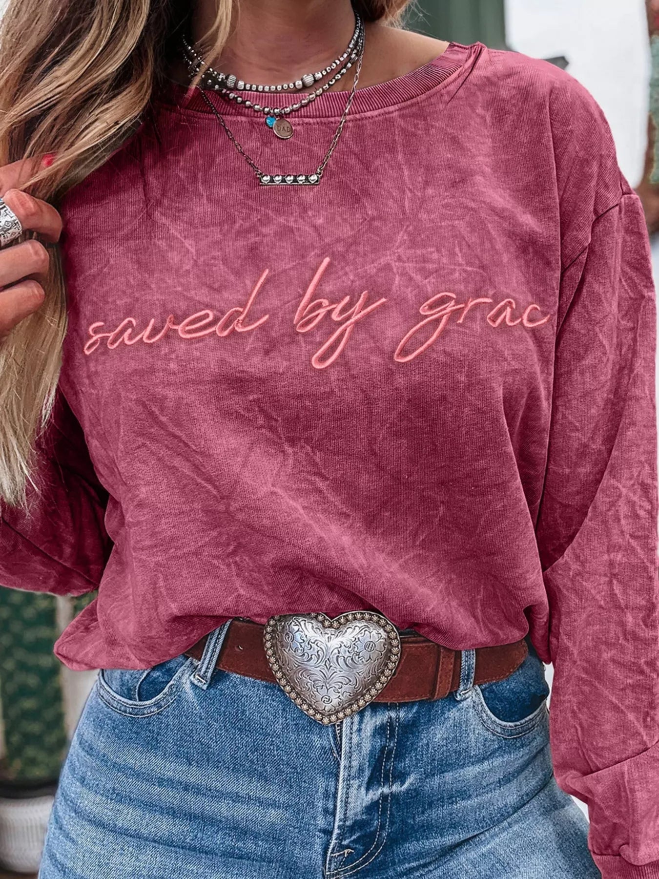 Saved By Grace Letter Embroidery Mineral Wash Loose Sweatshirt 