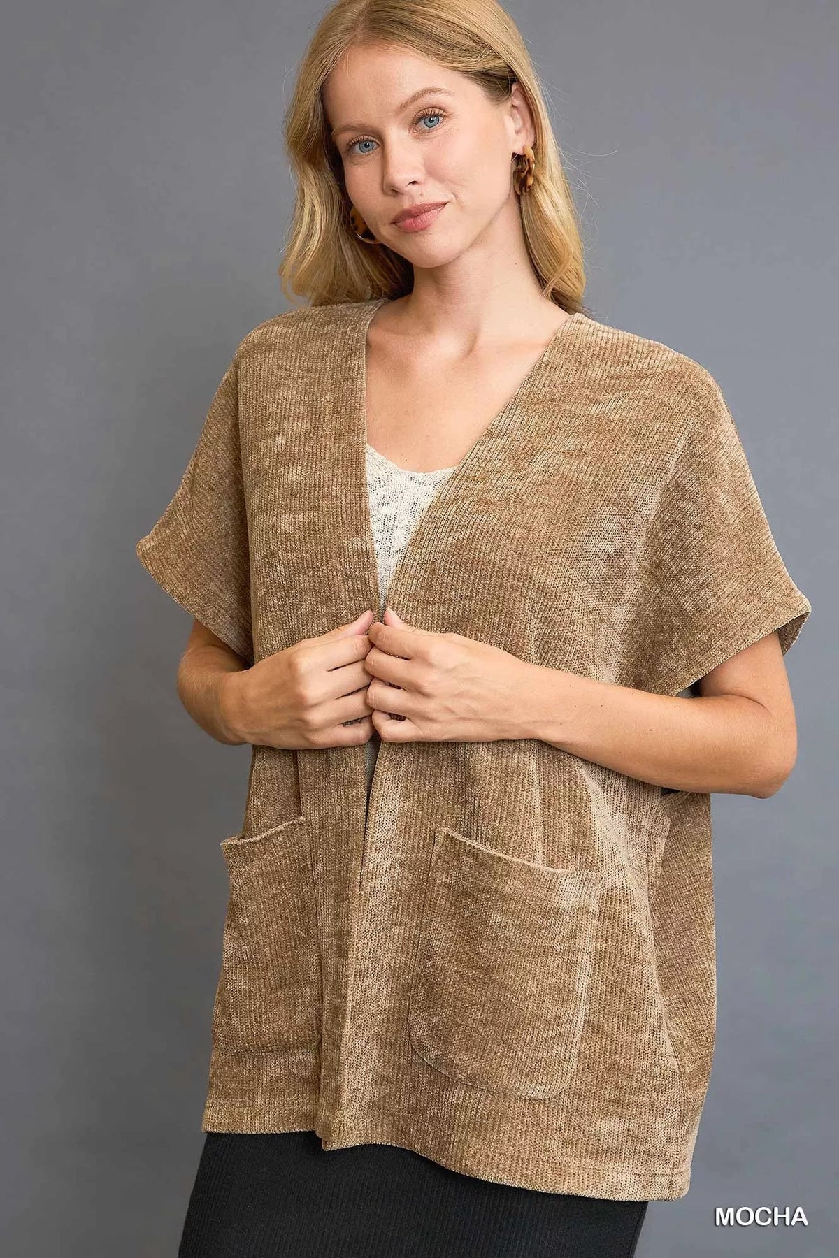 Umgee Open Front Knit Cardigan with Front Pockets 