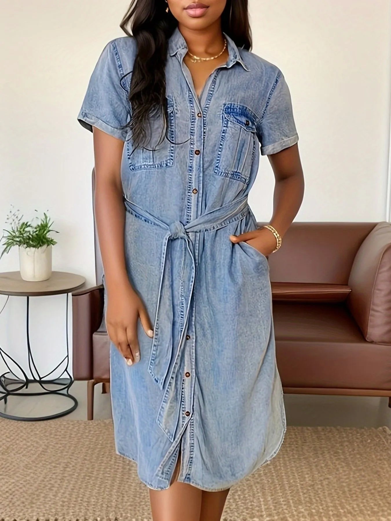 Button Front Short Sleeve Denim Dress 