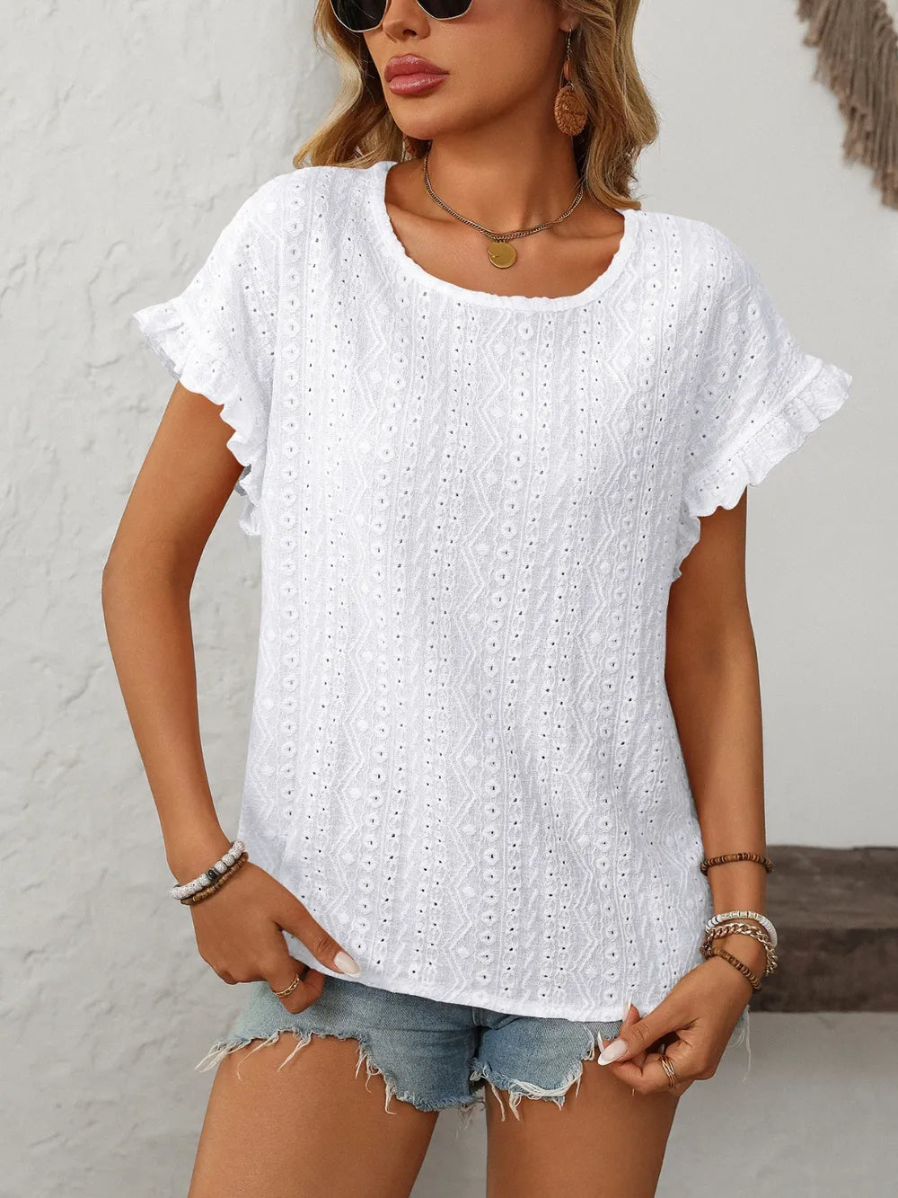 Mandy Eyelet Round Neck Short Sleeve Top 