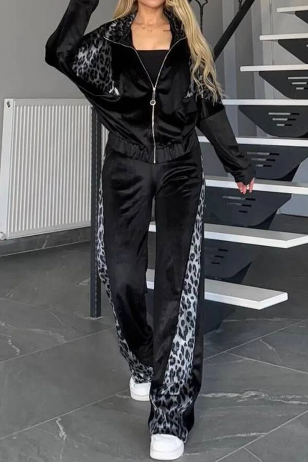 Full Size Collared Neck Leopard Zip Up Top and Pants Set Plus Size 