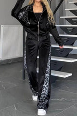 Full Size Collared Neck Leopard Zip Up Top and Pants Set Plus Size 