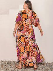 Plus Size Printed V-Neck Half Sleeve Maxi Dress 
