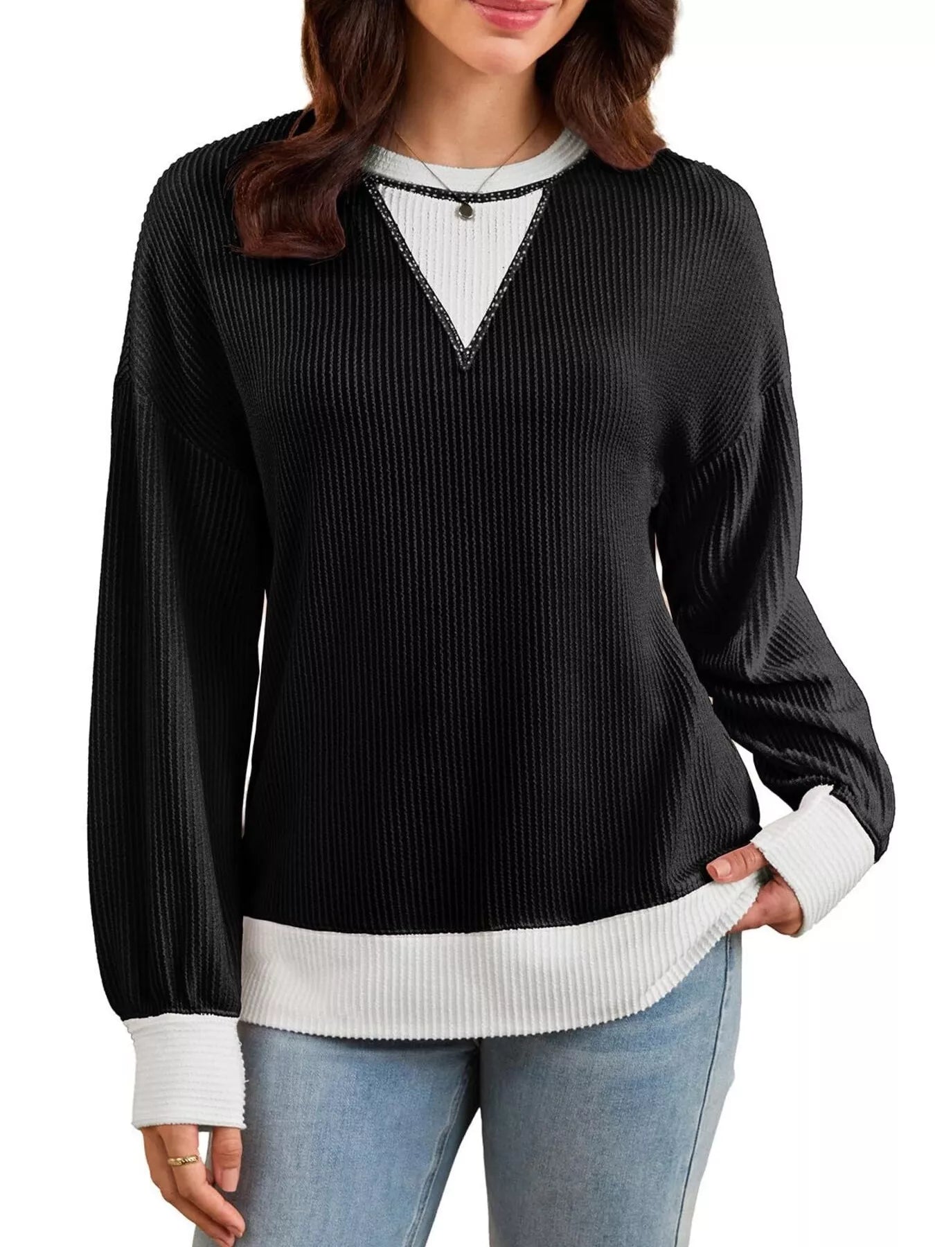 Two-Tone Ribbed Knit Sweatshirt 