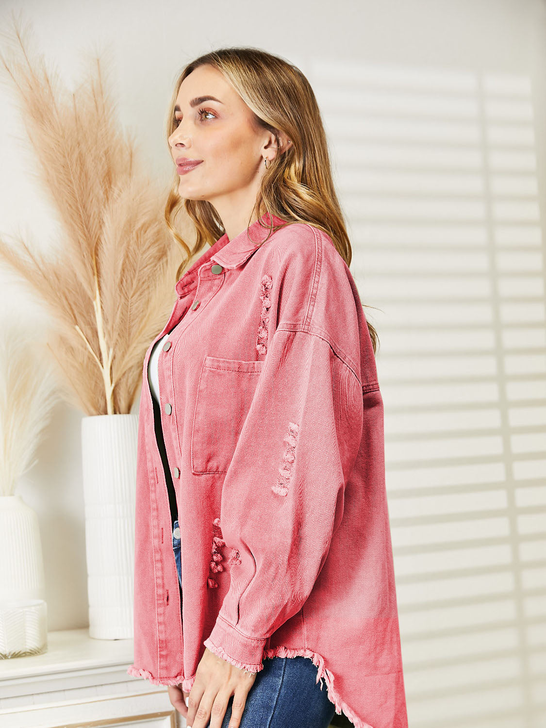 Distressed Raw Hem Denim Jacket 