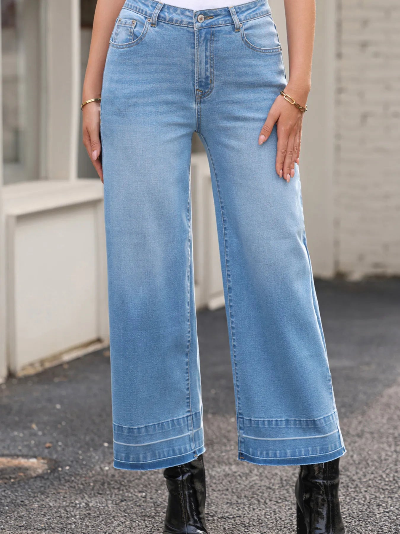 High Waist Wide Leg Washed Jeans 