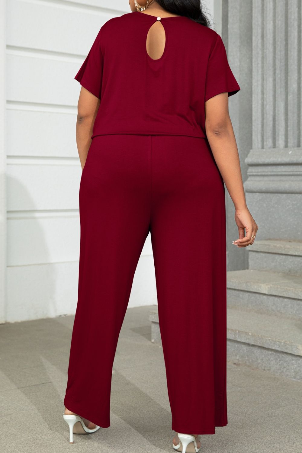 Plus Size Drawstring Waist Short Sleeve Jumpsuit 