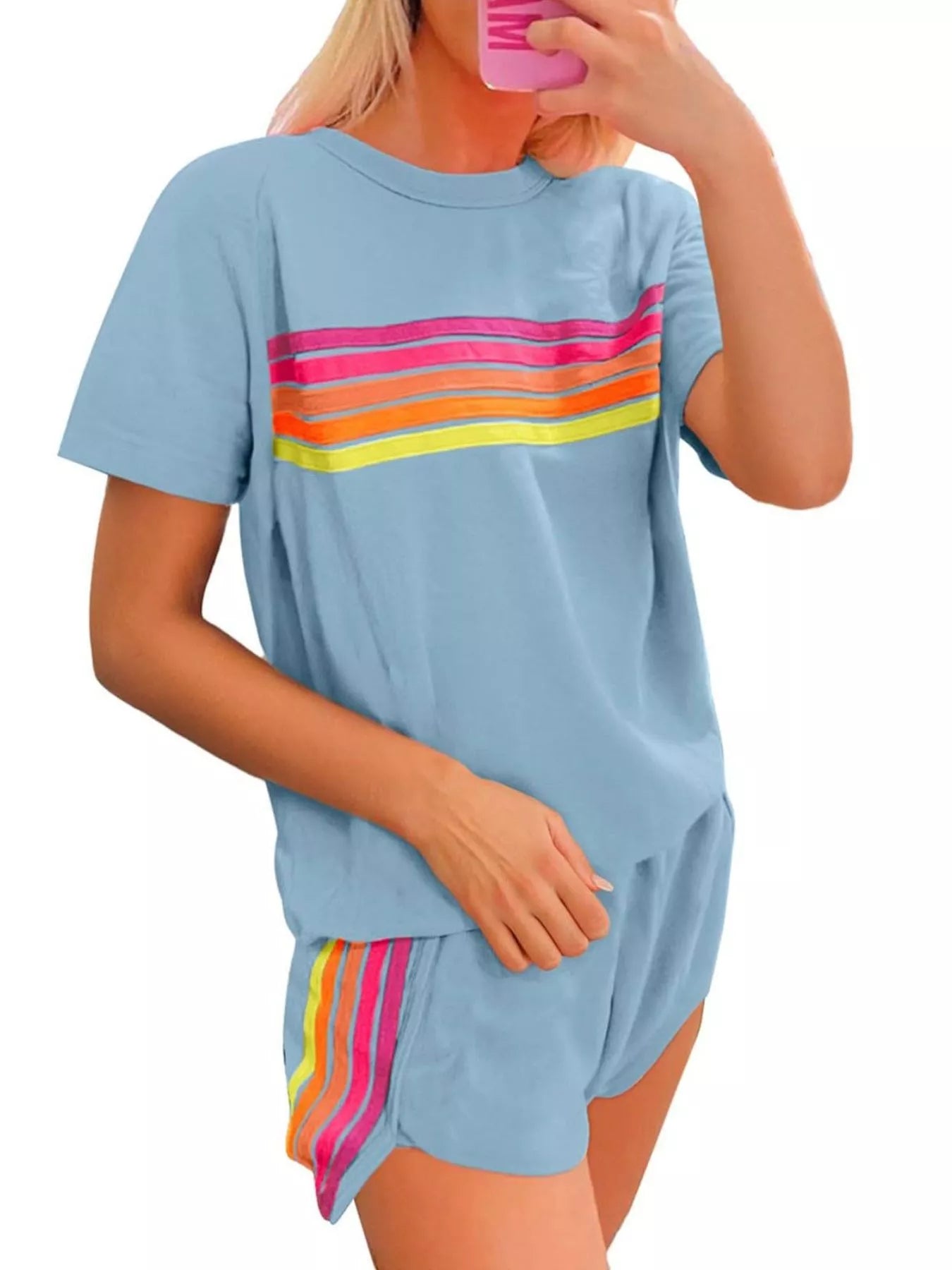 Rainbow Striped Round Neck Top and Shorts Set 