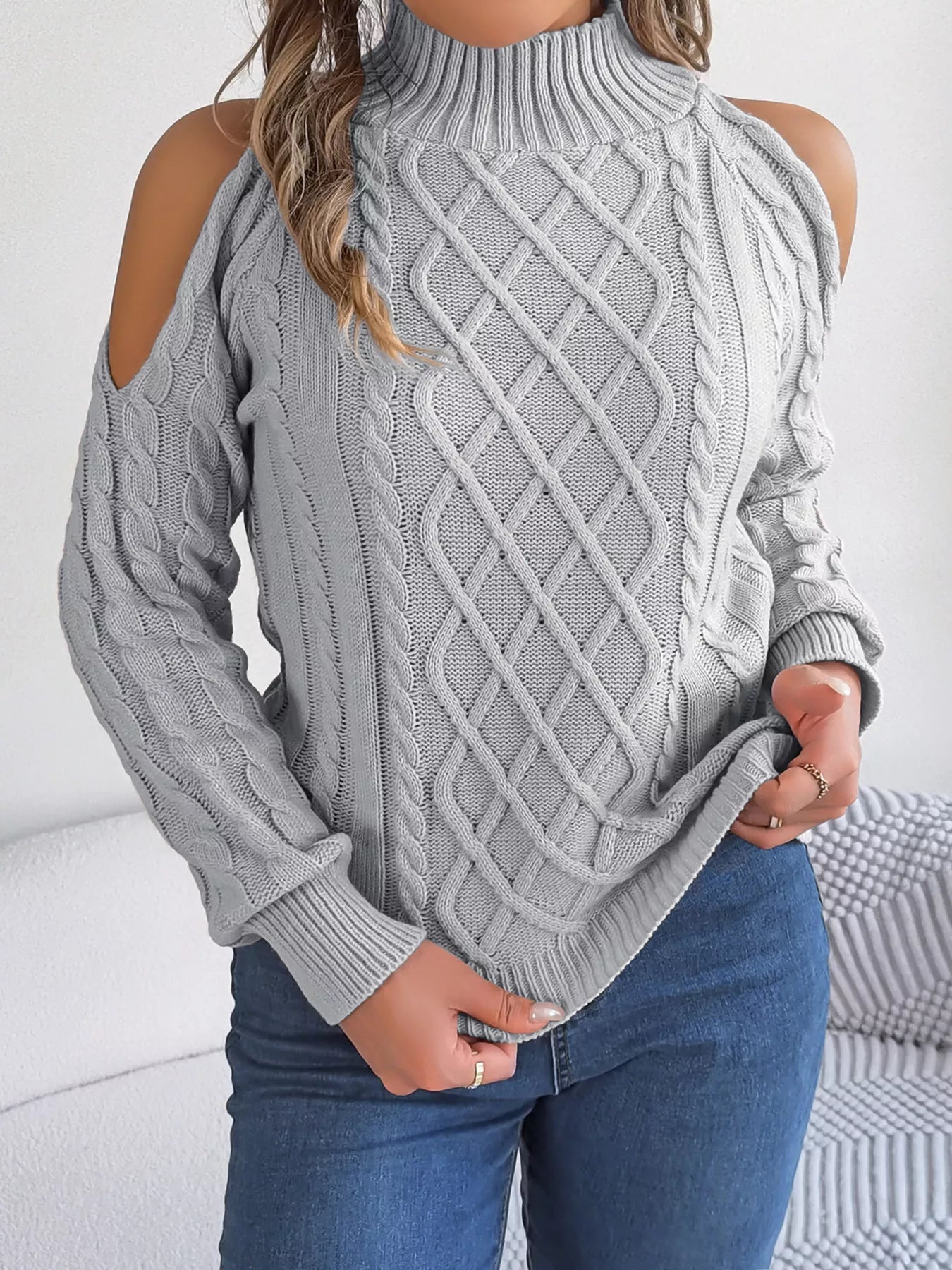 Cable Knit Cold Shoulder Turtleneck Sweater 